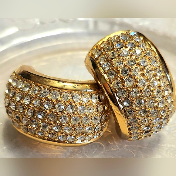 Vintage Christian Dior Half Dome Goldtone  & Rhinestone Clip On Earrings - Picture 1 of 7